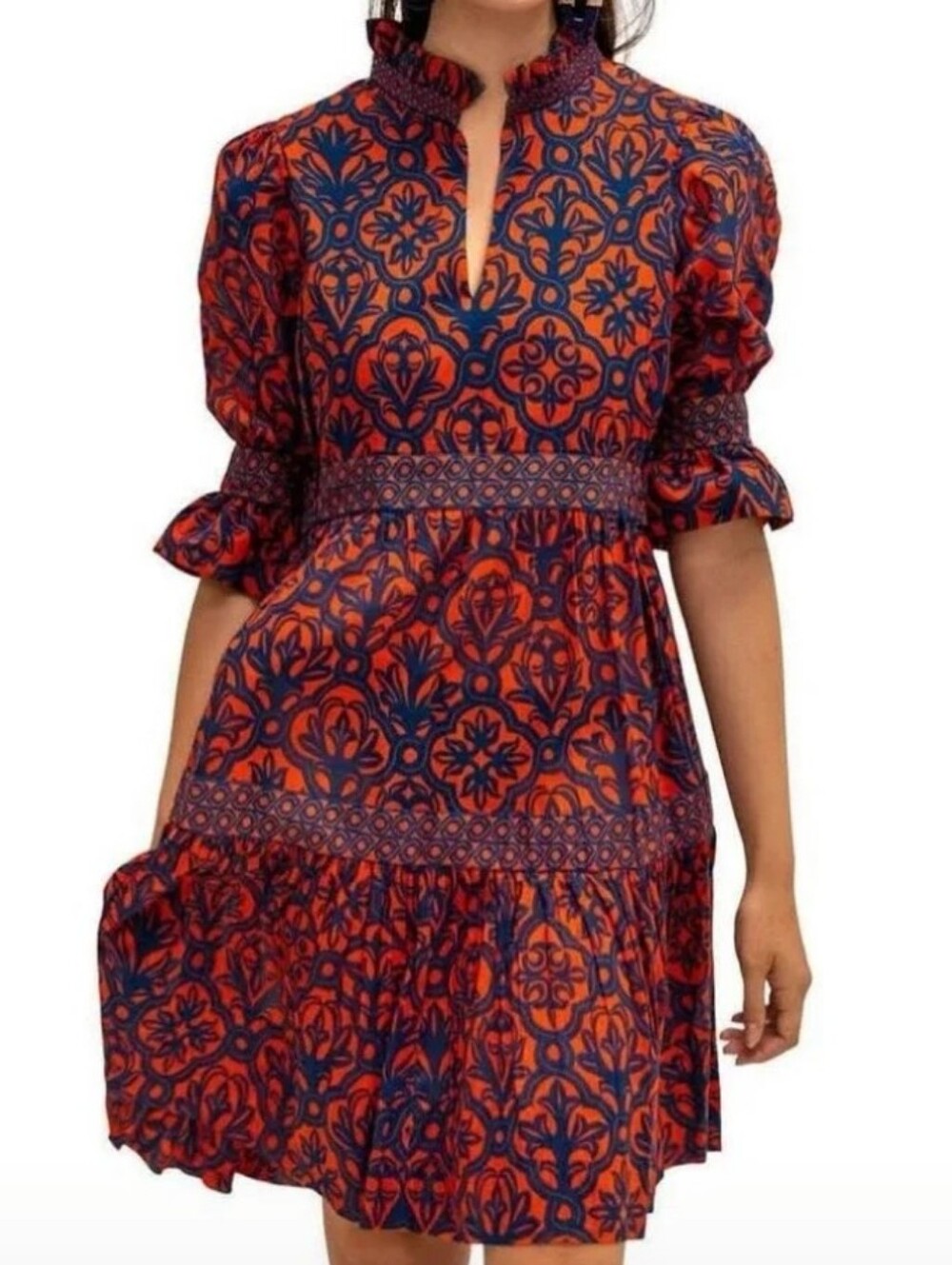Gretchen Scott Designs Teardrop Ruffled Tiered Puff Sleeve Preppy Dress Size L